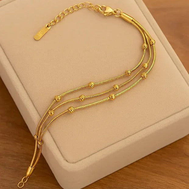Three Layer Beaded Chain Bracelet - Stainless Steel